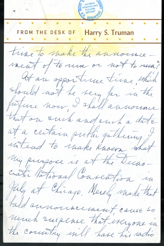 Longhand Note of President Harry S. Truman