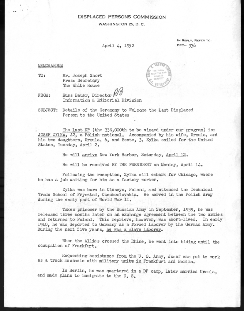 Memorandum from Russ Bauer to Joseph Short