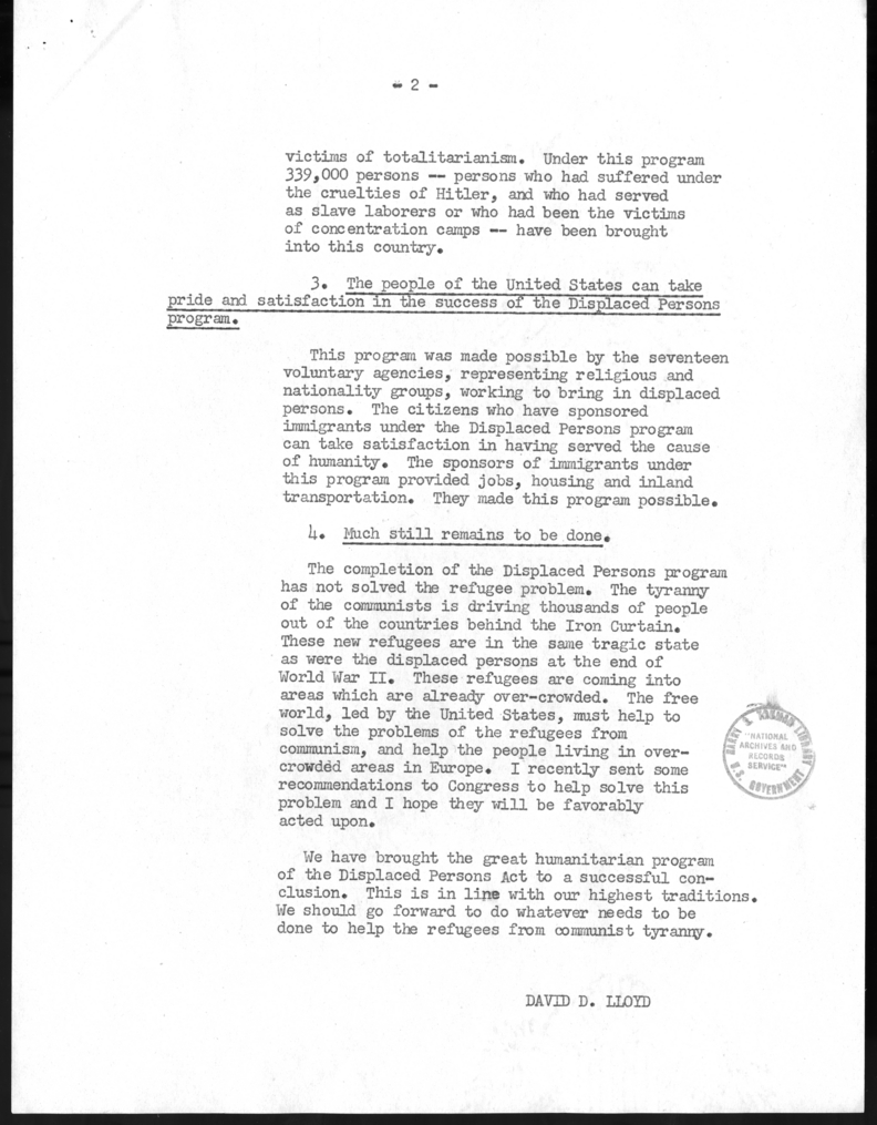 Memorandum from David D. Lloyd to President Harry S. Truman