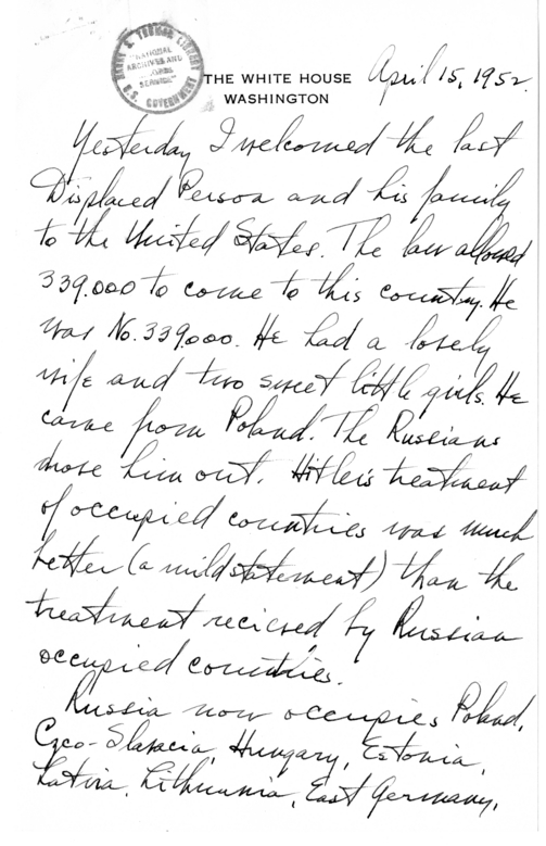 Longhand Note of President Harry S. Truman