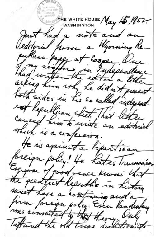 Longhand Note of President Harry S. Truman