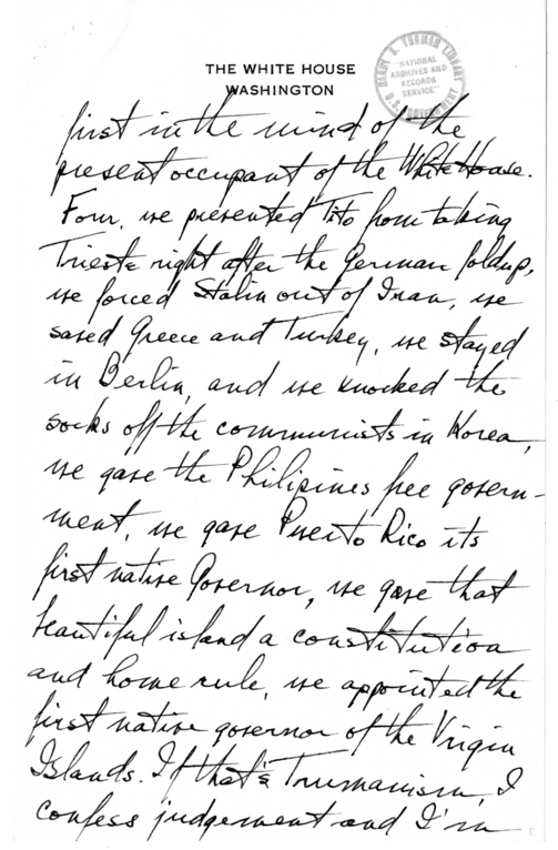 Longhand Note of President Harry S. Truman