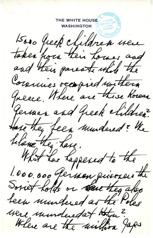 Longhand Note of President Harry S. Truman with Attached Memorandum from Admiral Robert Dennison to President Truman