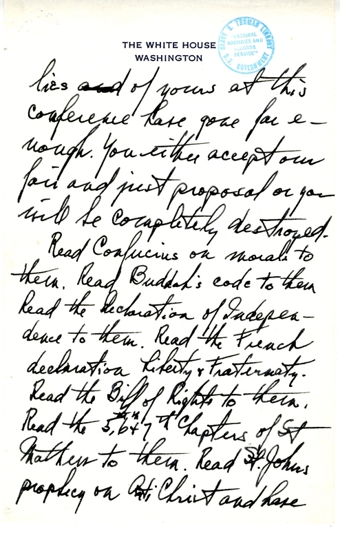 Longhand Note of President Harry S. Truman with Attached Memorandum from Admiral Robert Dennison to President Truman