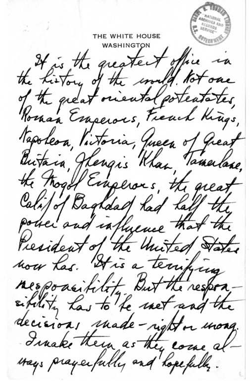 Longhand Note of President Harry S. Truman