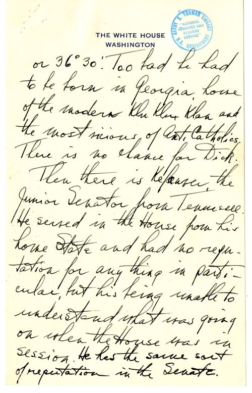 Longhand Note of President Harry S. Truman