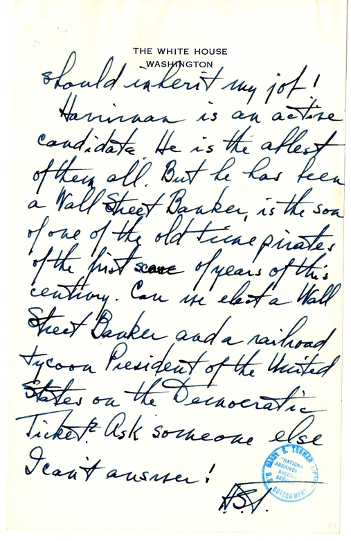 Longhand Note of President Harry S. Truman