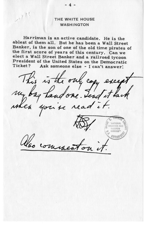 Typed Note of President Harry S. Truman