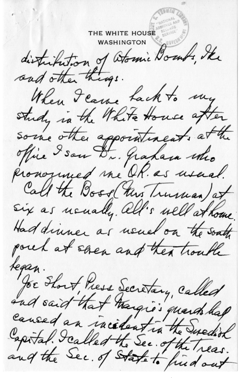 Longhand Note of President Harry S. Truman