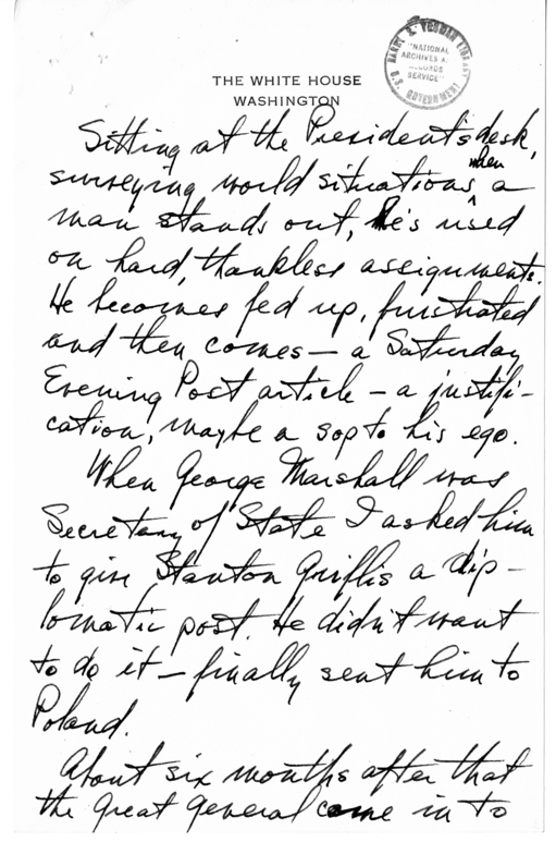 Unsent Handwritten Letter from President Harry S. Truman to Dr. Henry Grady
