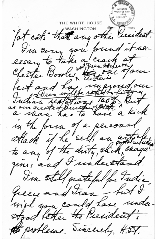 Unsent Handwritten Letter from President Harry S. Truman to Dr. Henry Grady