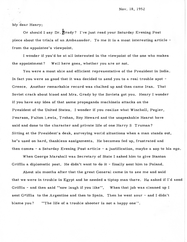 Unsent Letter from President Harry S. Truman to Dr. Henry Grady