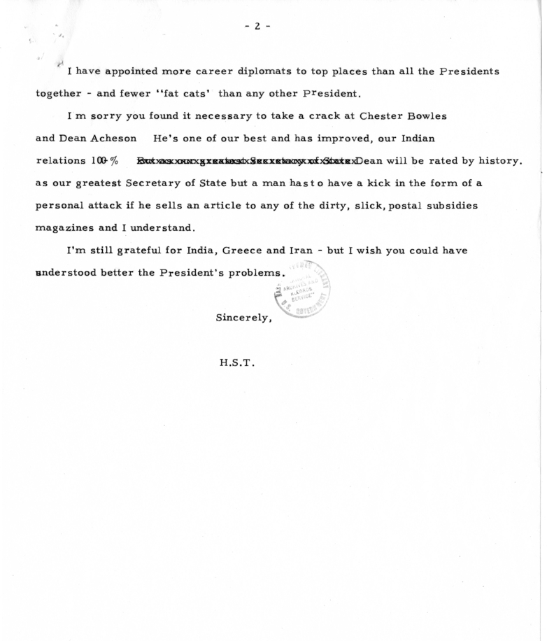 Unsent Letter from President Harry S. Truman to Dr. Henry Grady
