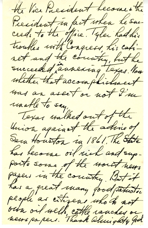 Longhand Note of President Harry S. Truman