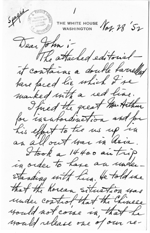 Unsent Letter from President Harry S. Truman to John T. O'Rourke