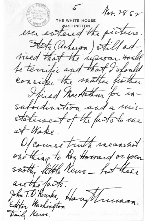 Unsent Letter from President Harry S. Truman to John T. O'Rourke