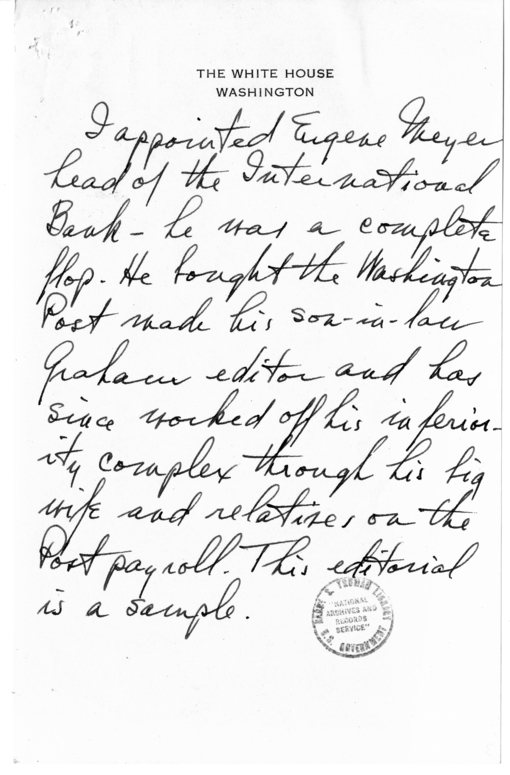 Longhand Note of President Harry S. Truman with Newspaper Clipping