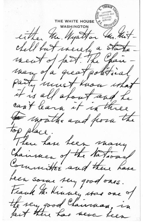 Longhand Note of President Harry S. Truman