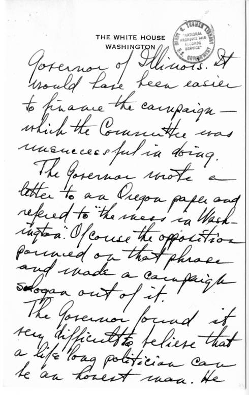 Longhand Note of President Harry S. Truman