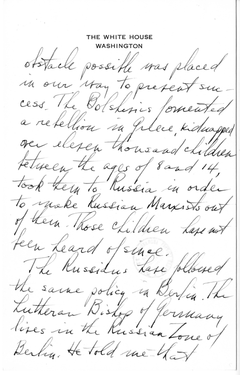 Longhand Note of President Harry S. Truman