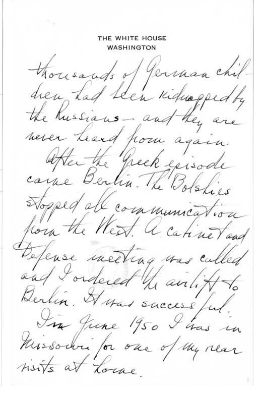 Longhand Note of President Harry S. Truman