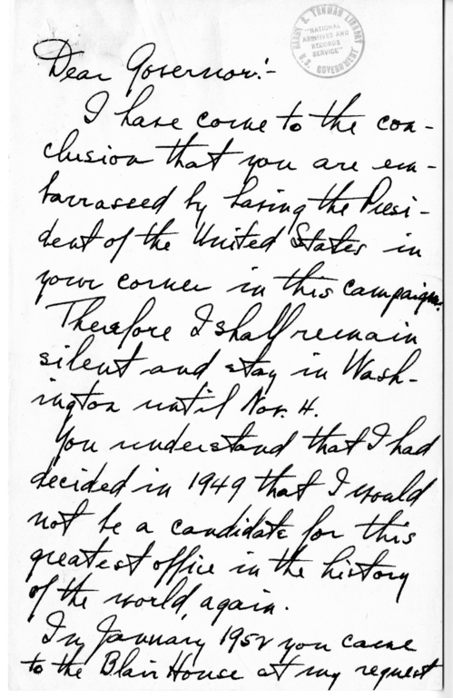 Unsent Draft Letter from President Harry S. Truman to Adlai Stevenson