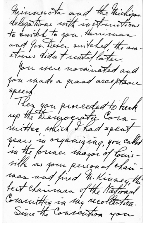 Unsent Draft Letter from President Harry S. Truman to Adlai Stevenson