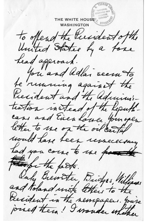 Longhand Note of President Harry S. Truman