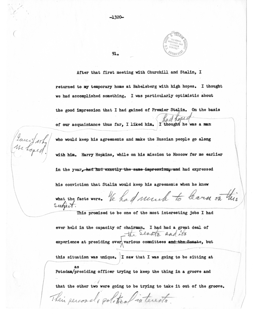 Typed Note and Memoir Draft of Former President Harry S. Truman