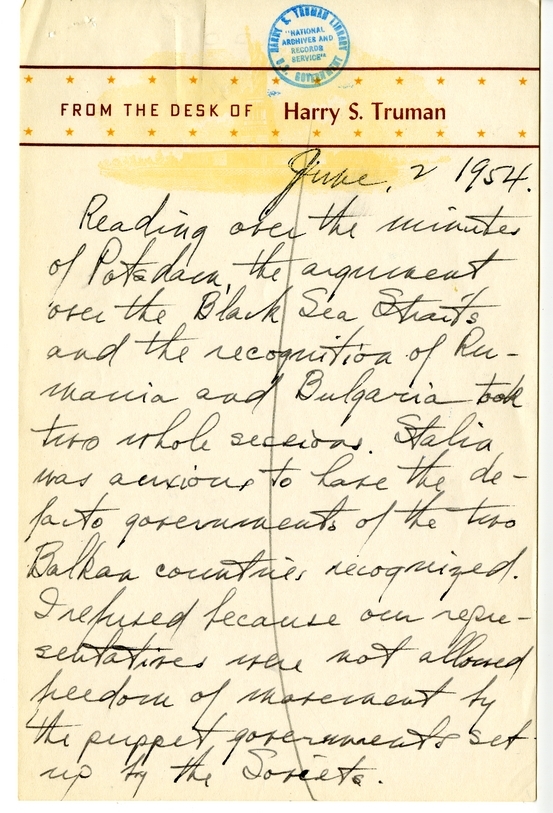 Longhand Note of Former President Harry S. Truman