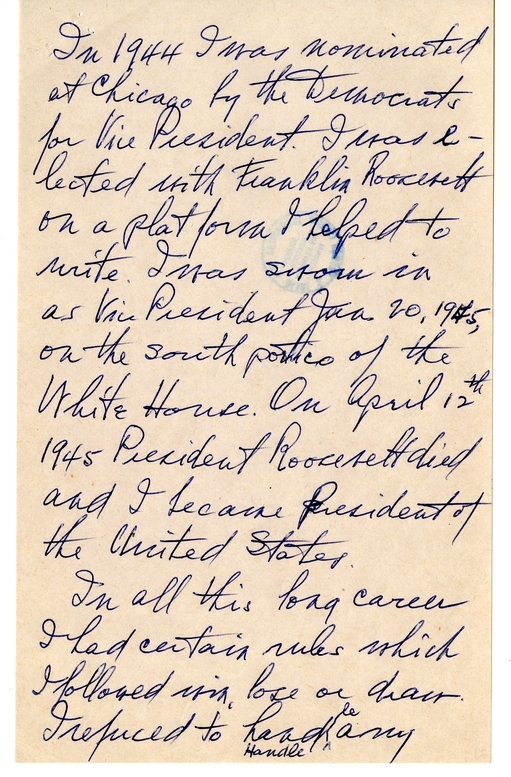 Longhand Note of Former President Harry S. Truman