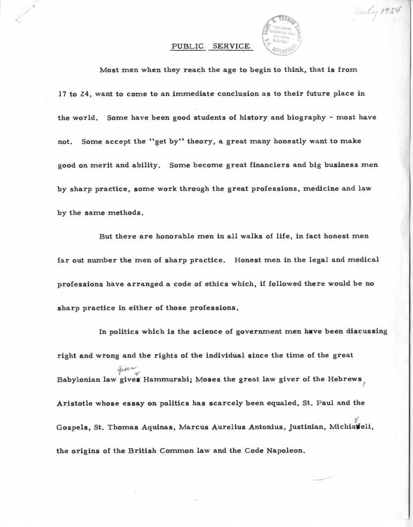 Typed Draft Note of Former President Harry S. Truman