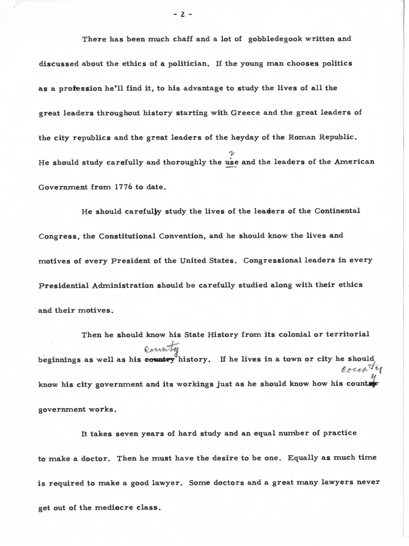 Typed Draft Note of Former President Harry S. Truman