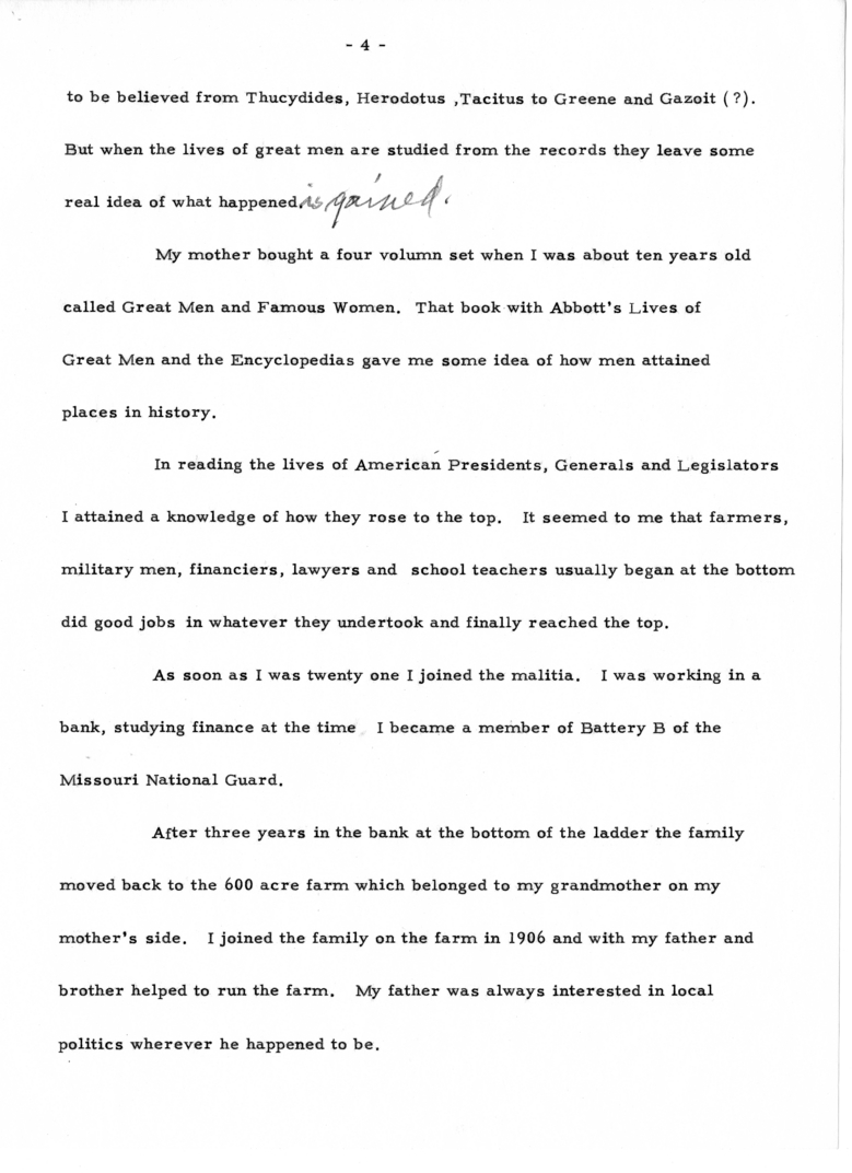 Typed Draft Note of Former President Harry S. Truman