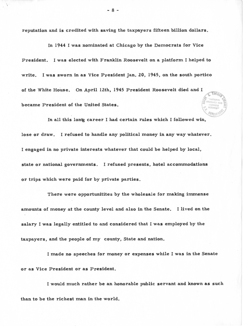 Typed Draft Note of Former President Harry S. Truman