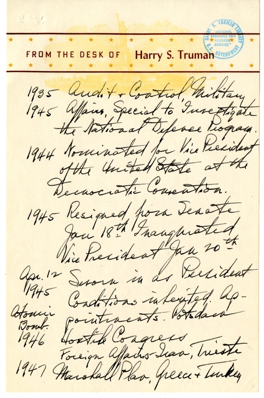 Longhand Note of Former President Harry S. Truman