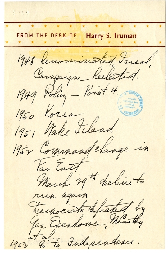 Longhand Note of Former President Harry S. Truman