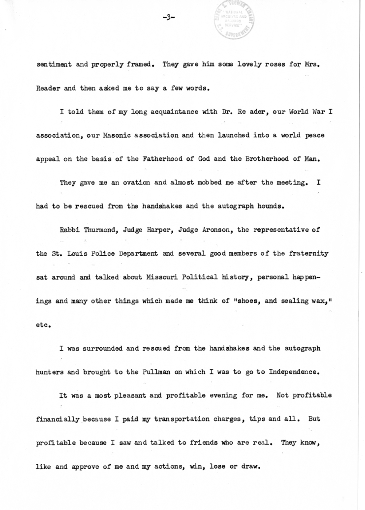 Typed Note of Former President Harry S. Truman