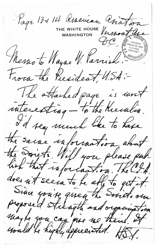 Unsent Letter from President Harry S. Truman to Wayne W. Parrish