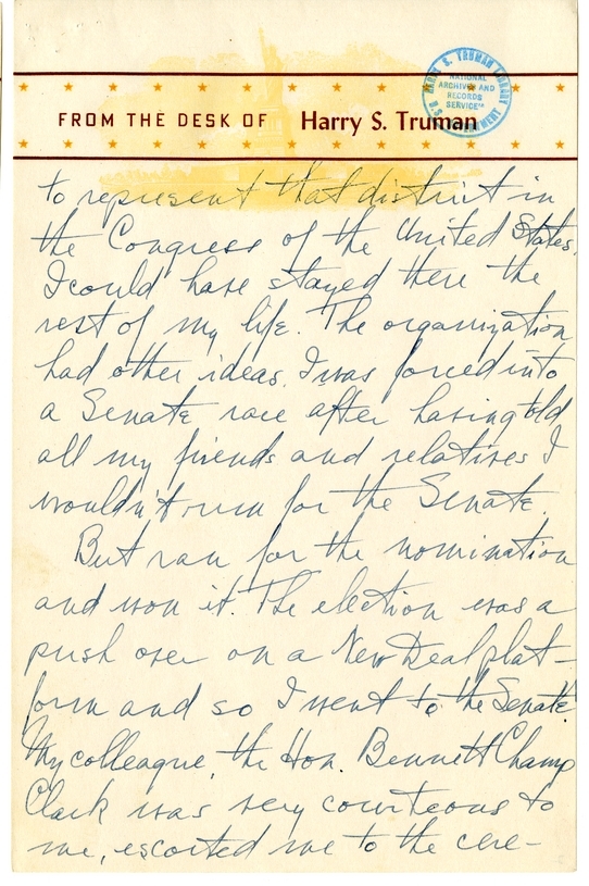 Longhand Note of President Harry S. Truman