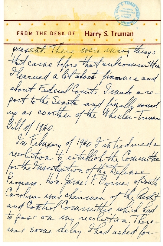 Longhand Note of President Harry S. Truman