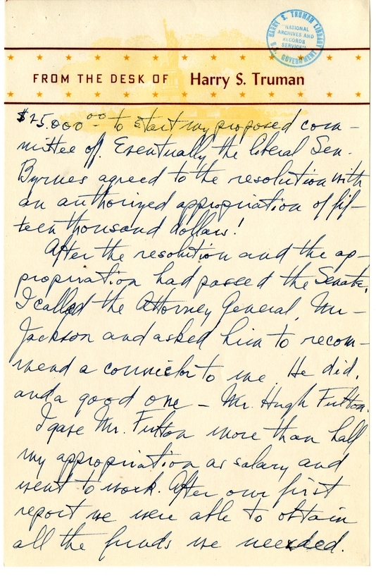 Longhand Note of President Harry S. Truman