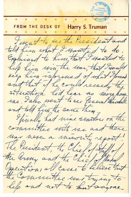 Longhand Note of President Harry S. Truman