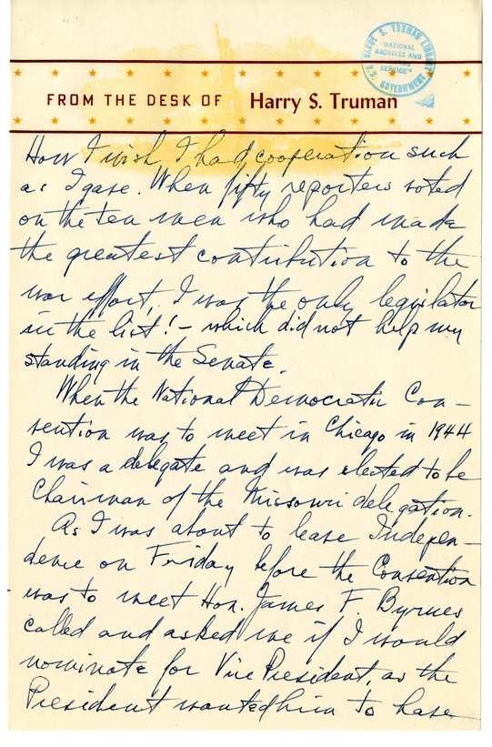 Longhand Note of President Harry S. Truman