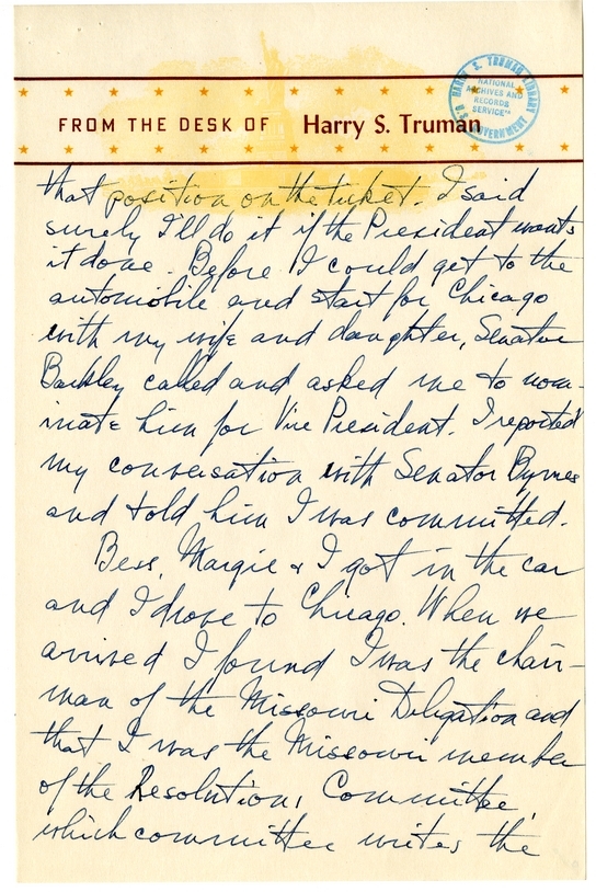 Longhand Note of President Harry S. Truman