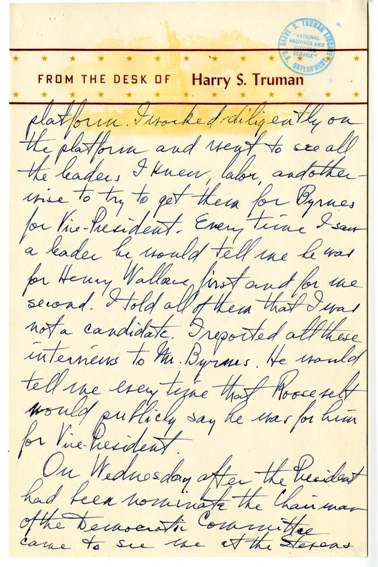 Longhand Note of President Harry S. Truman