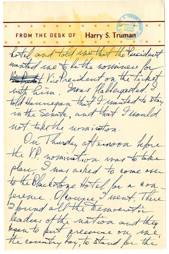 Longhand Note of President Harry S. Truman