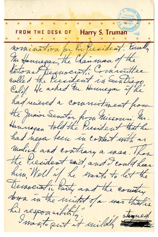 Longhand Note of President Harry S. Truman