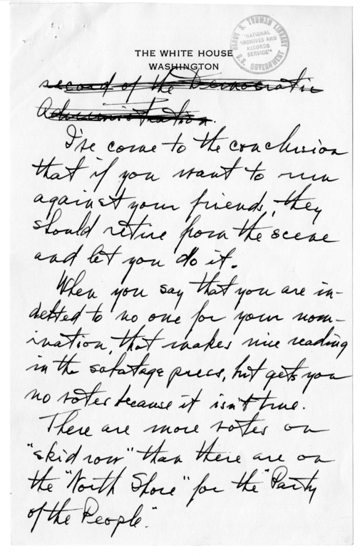 Unsent Draft Letter from President Harry S. Truman to Adlai Stevenson
