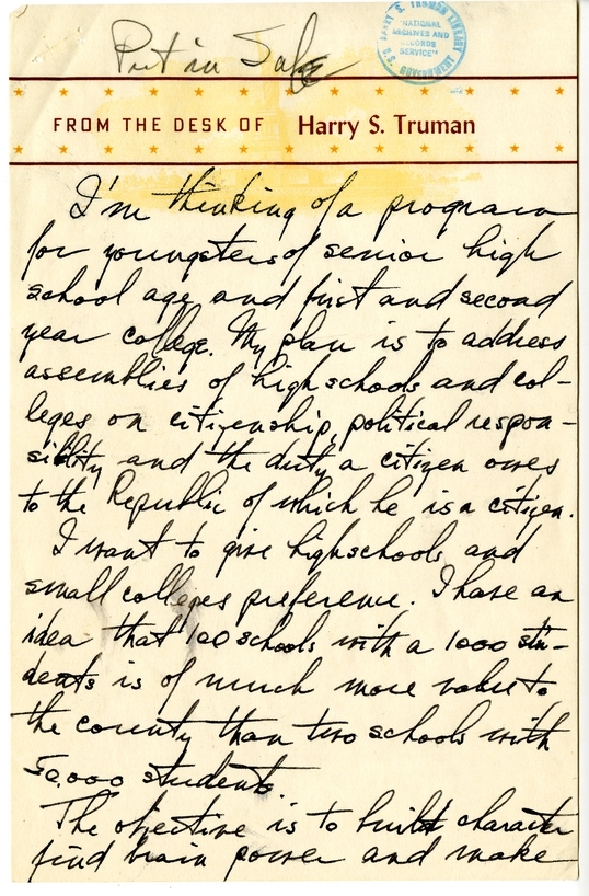 Longhand Note of President Harry S. Truman